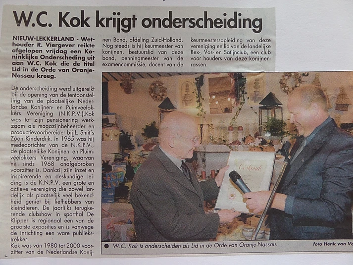 Onderscheiding als lid in de Orde van Oranje-Nassau W.C. Kok